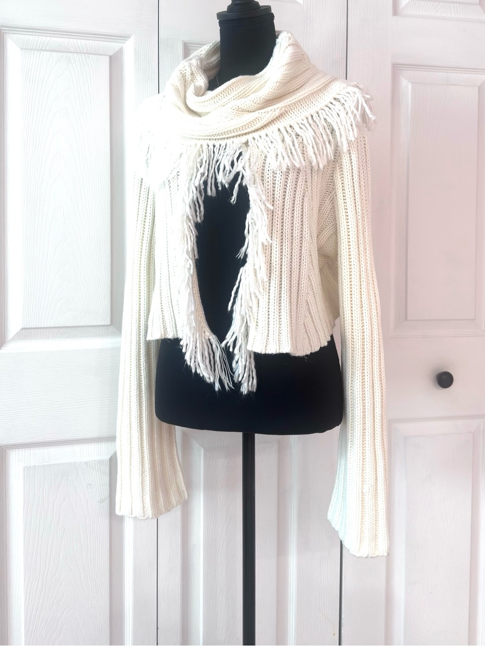 Miss Me Cream Cable Knit Cowl Neck Fringe Bell Sleeve Sweater - Picture 8 of 11